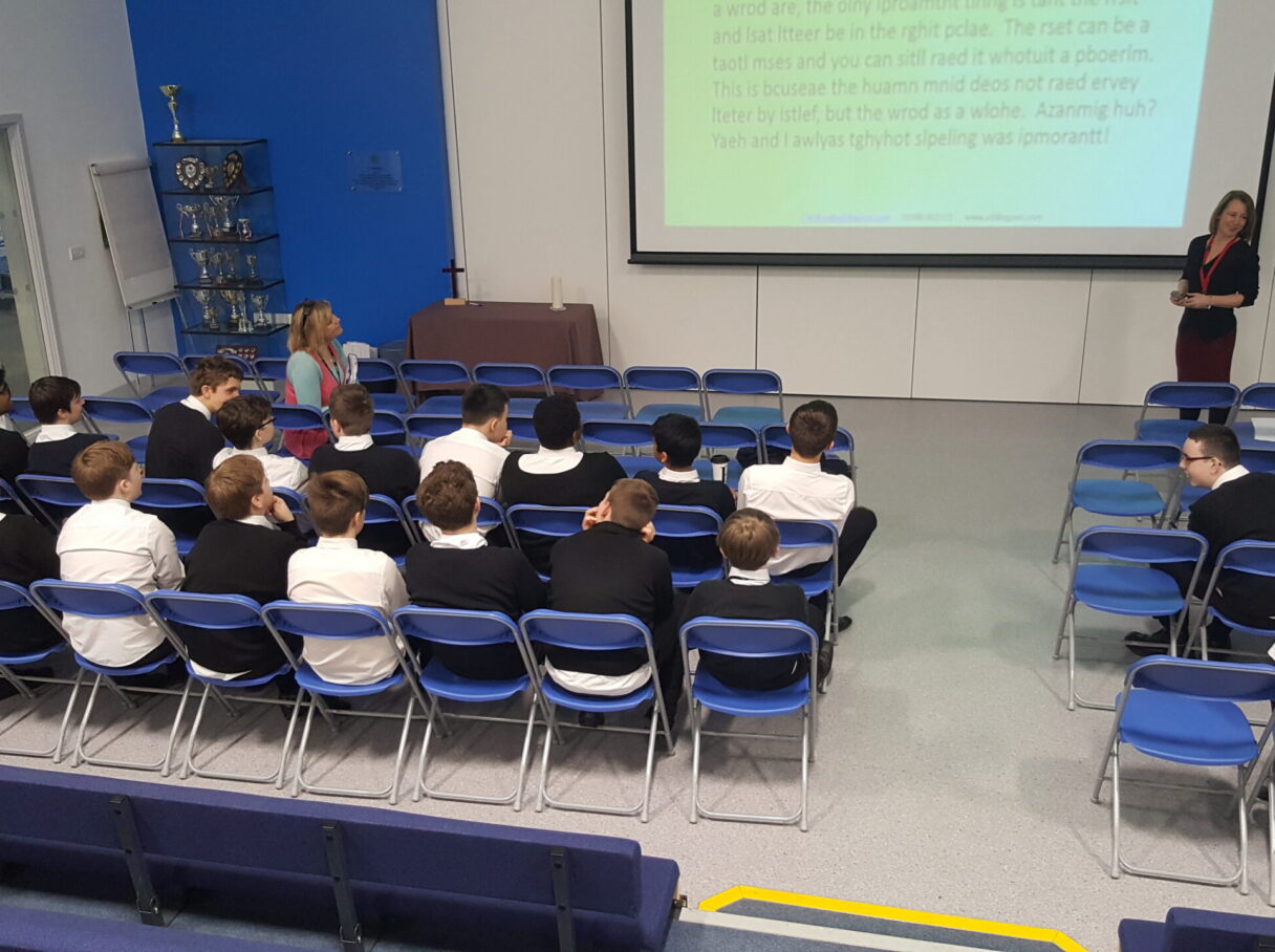 Students listening to Caroline Cavanagh's talk on reducing exam stress